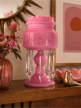 Antique Victorian Pink Opaline Glass Mantle Luster Pink Glass MCM Retro 13.5”